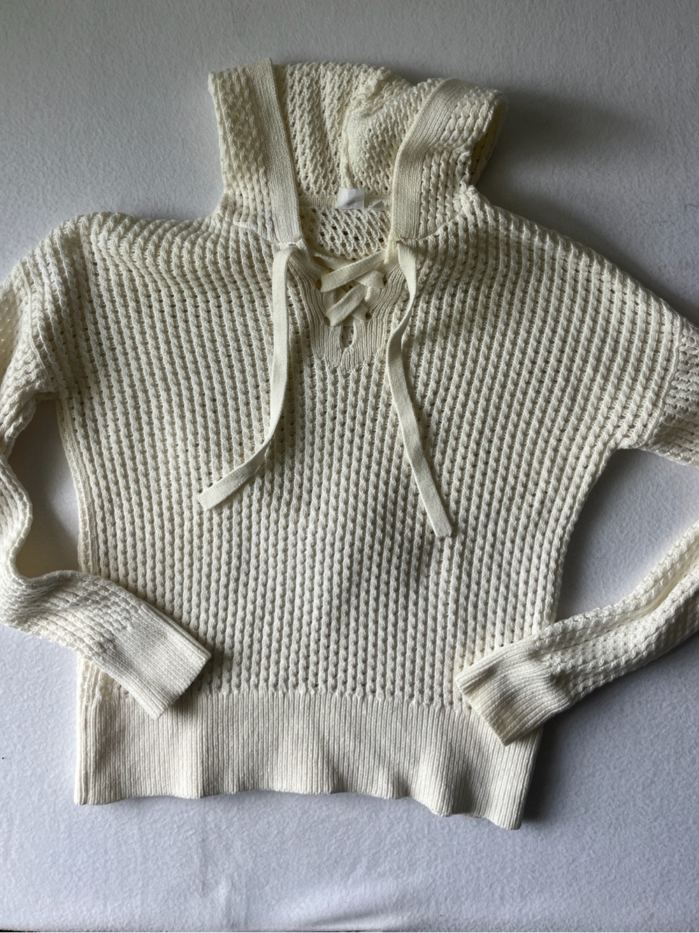 GAP Cream Knit Hooded V-Neck Lace-Up Sweater